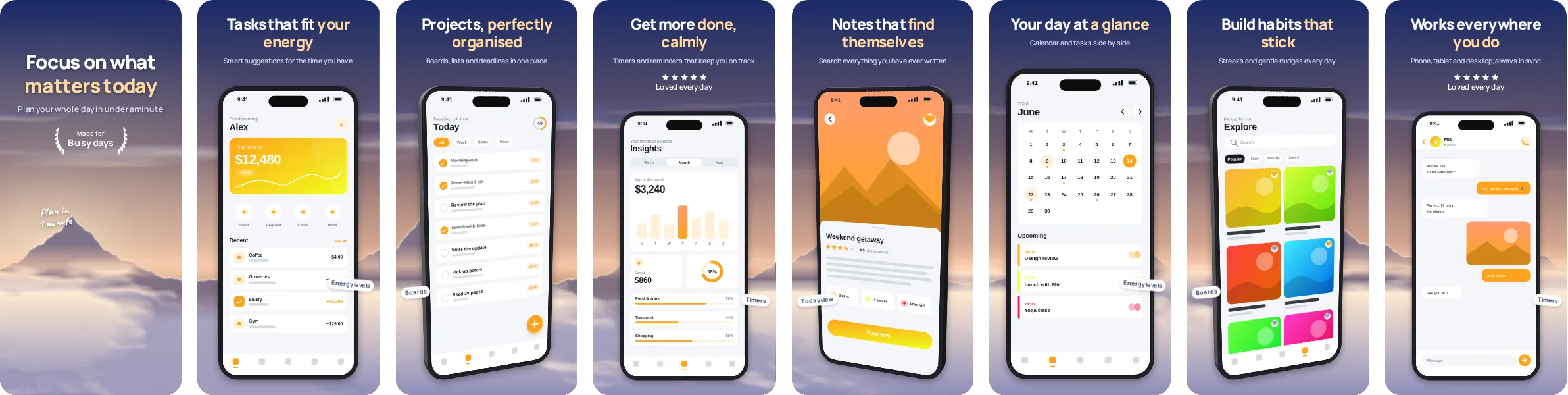 Above: 8-slide App Store and Google Play screenshot template, bold, set in Manrope
