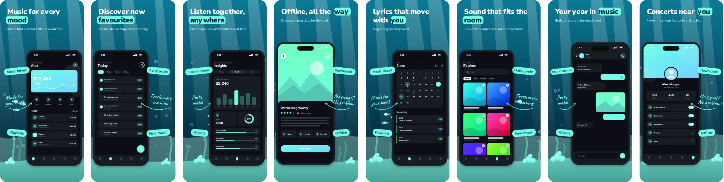 Abyss: 8-slide App Store and Google Play screenshot template, dark, set in Nunito