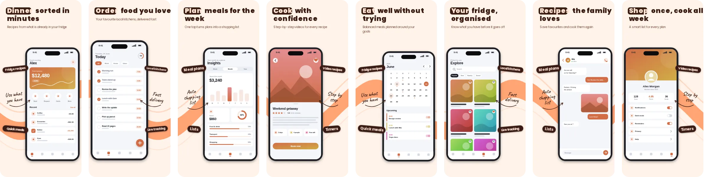 Apricot: 8-slide App Store and Google Play screenshot template, light, set in Poppins
