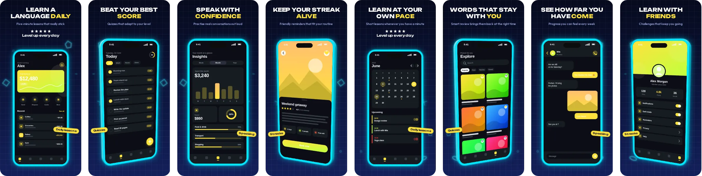 Arcade: 8-slide App Store and Google Play screenshot template, dark, set in Unbounded