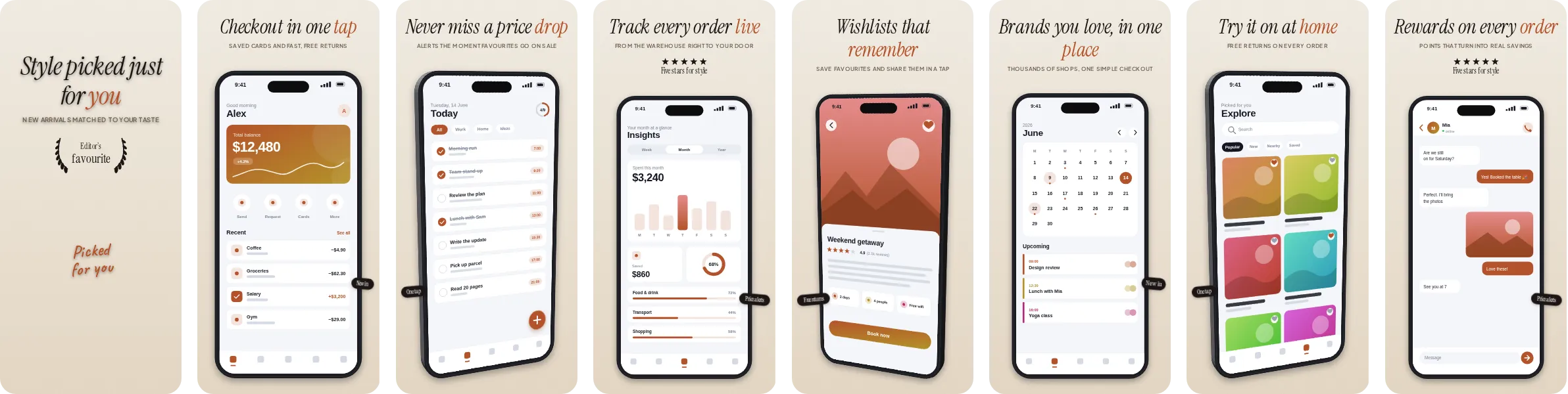 Atelier: 8-slide App Store and Google Play screenshot template, light, set in Instrument Serif