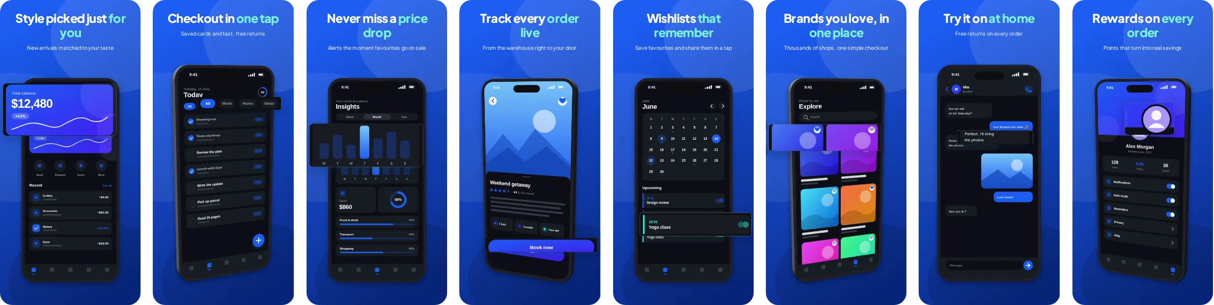 Atlas: 8-slide App Store and Google Play screenshot template, dark, set in Plus Jakarta Sans
