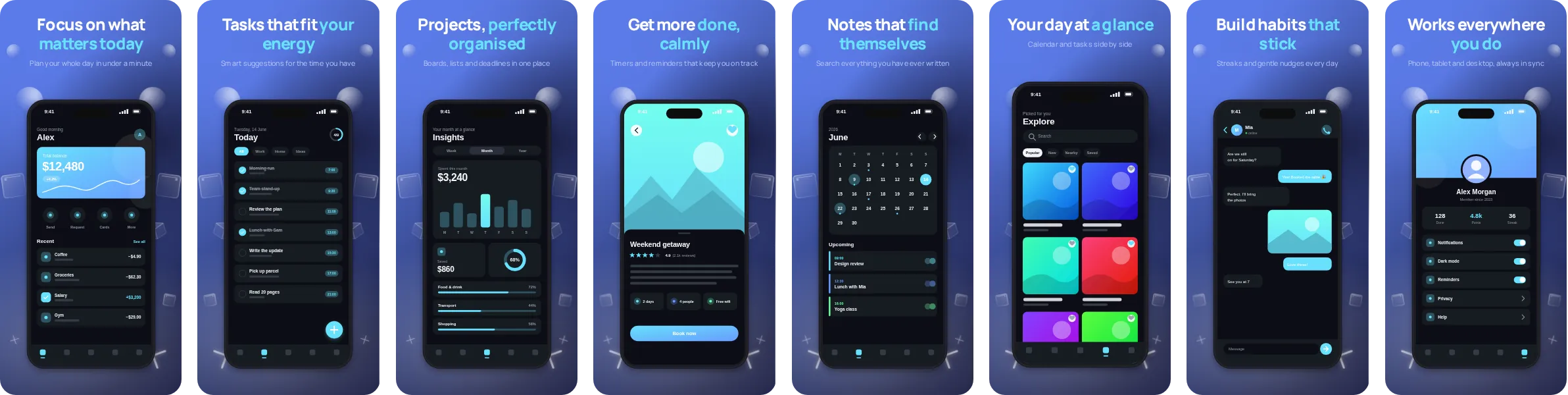Aurora: 8-slide App Store and Google Play screenshot template, bold, set in Manrope