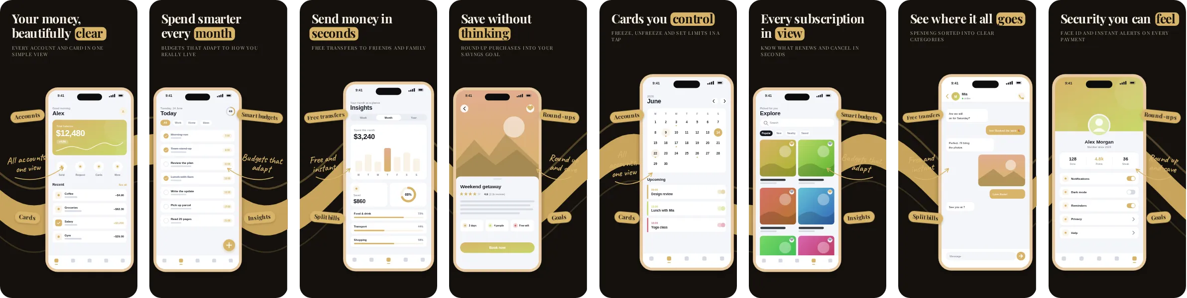 Aurum: 8-slide App Store and Google Play screenshot template, bold, set in Playfair Display