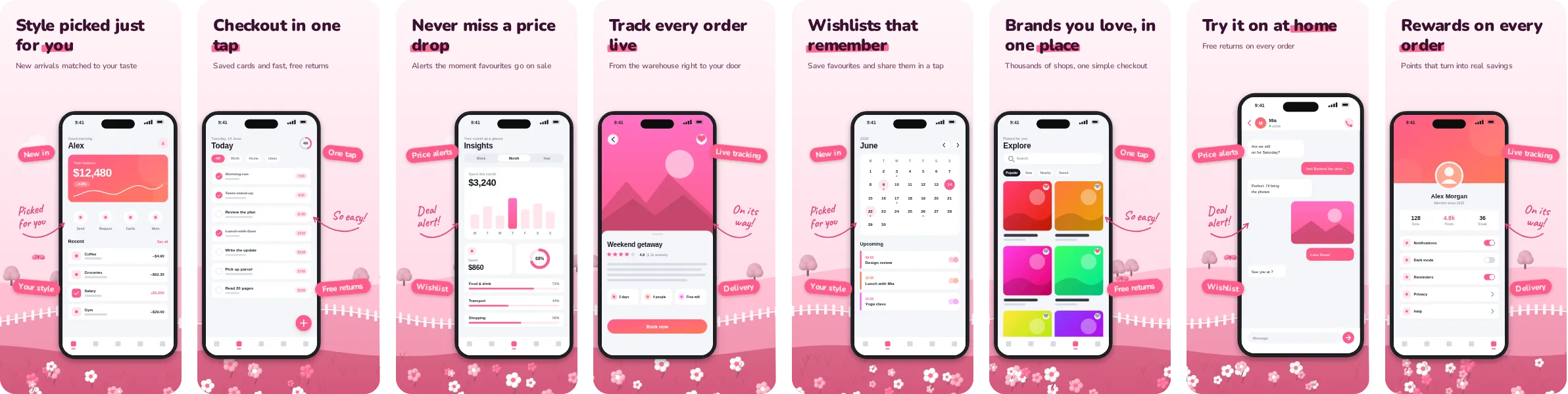 Bloom: 8-slide App Store and Google Play screenshot template, light, set in Nunito