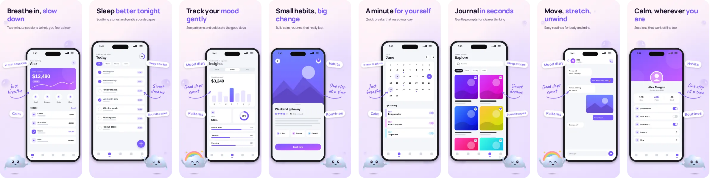 Blush: 8-slide App Store and Google Play screenshot template, light, set in Manrope