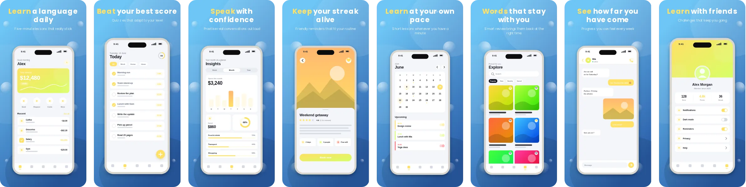Bubble: 8-slide App Store and Google Play screenshot template, bold, set in Poppins