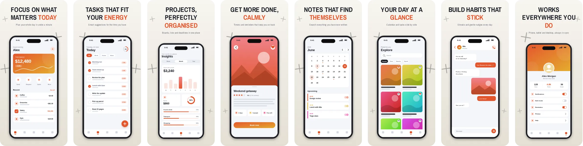Chalk: 8-slide App Store and Google Play screenshot template, light, set in Archivo Narrow