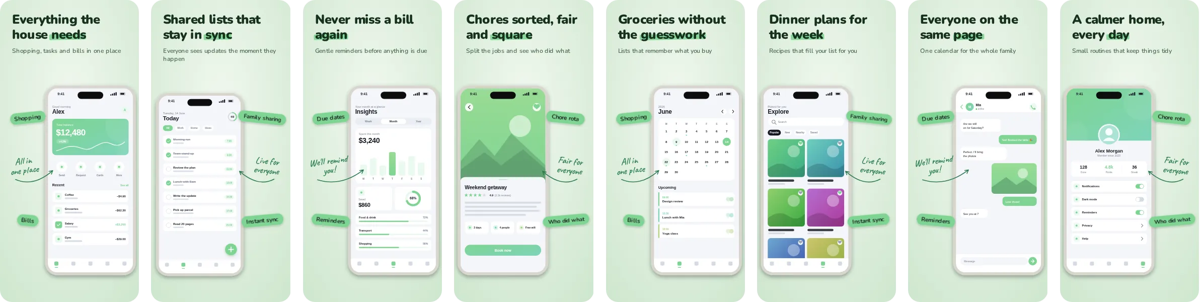 Clover: 8-slide App Store and Google Play screenshot template, light, set in Nunito