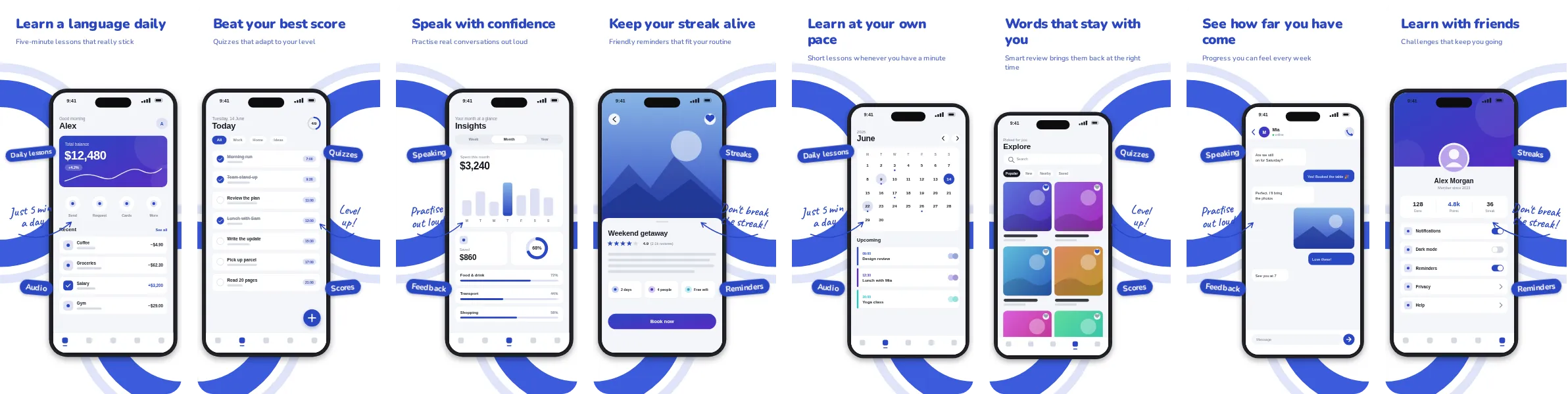 Cobalt: 8-slide App Store and Google Play screenshot template, light, set in Nunito