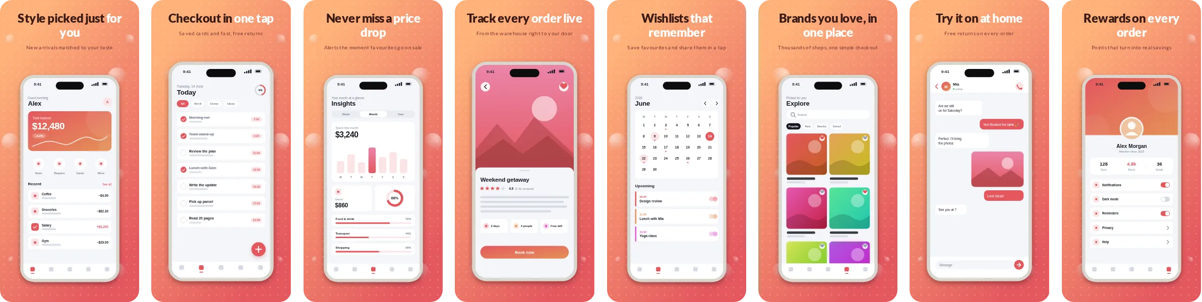 Confetti: 8-slide App Store and Google Play screenshot template, light, set in Lato