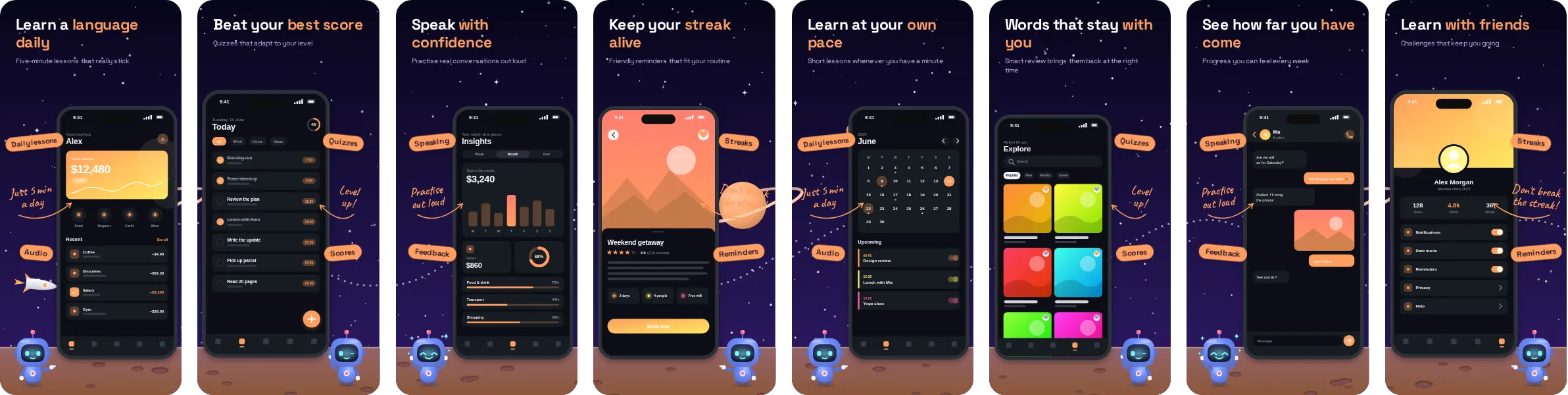 Cosmos: 8-slide App Store and Google Play screenshot template, dark, set in Space Grotesk