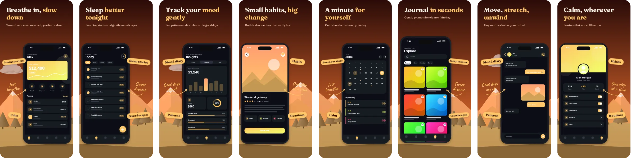 Daybreak: 8-slide App Store and Google Play screenshot template, bold, set in Fraunces