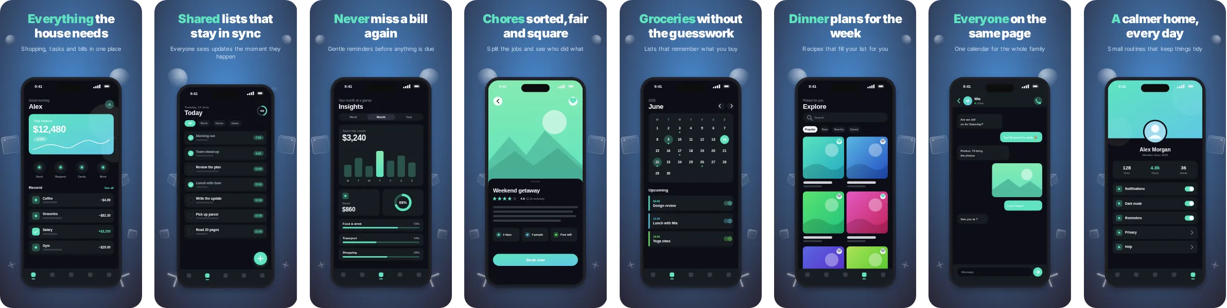 Dusk: 8-slide App Store and Google Play screenshot template, bold, set in Inter