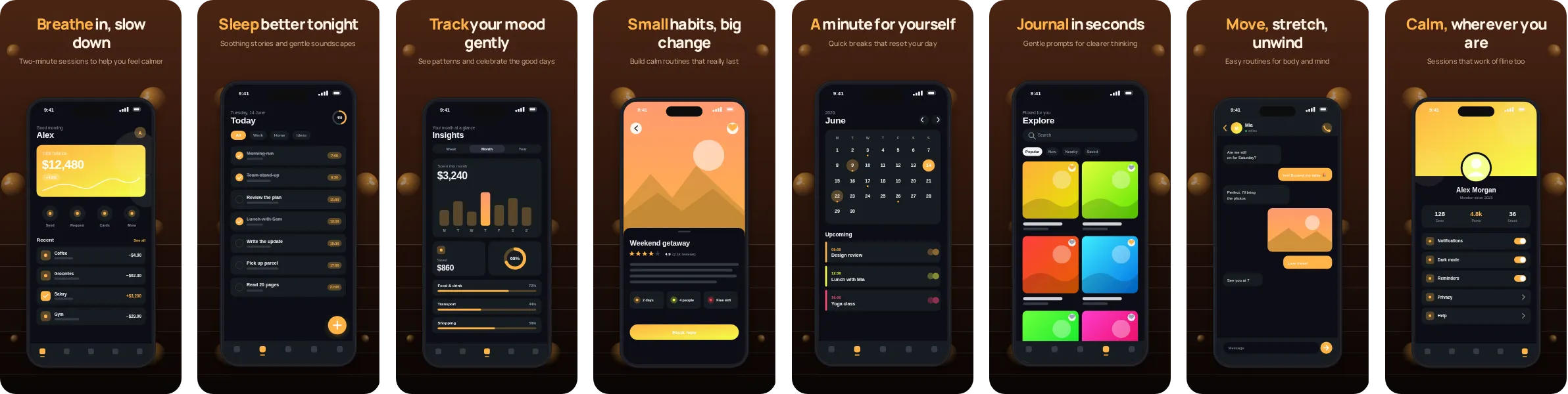 Eclipse: 8-slide App Store and Google Play screenshot template, dark, set in Manrope