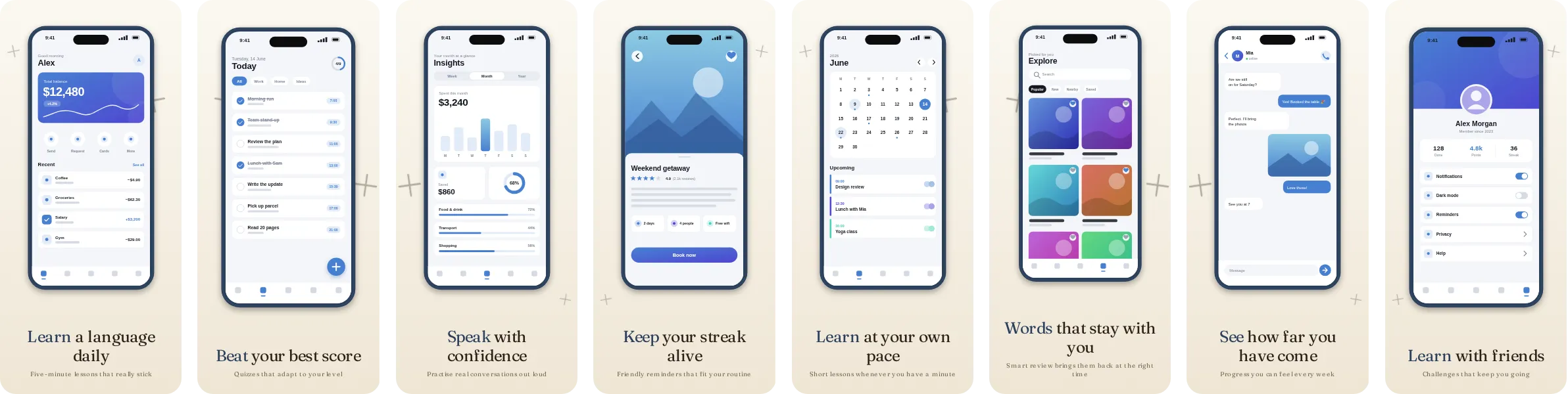 Folio: 8-slide App Store and Google Play screenshot template, light, set in Fraunces