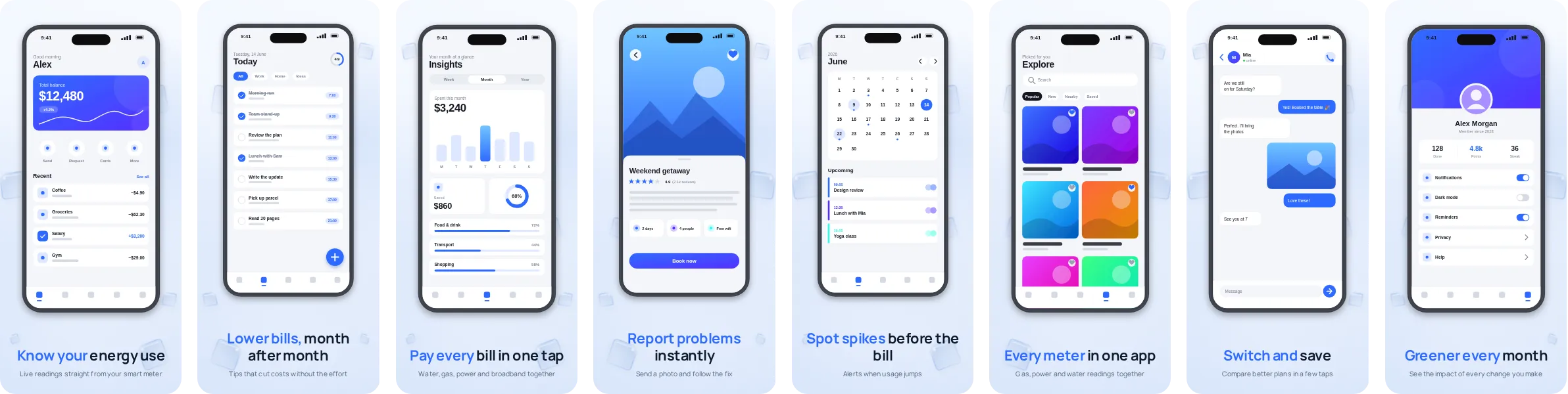 Frost: 8-slide App Store and Google Play screenshot template, light, set in Manrope