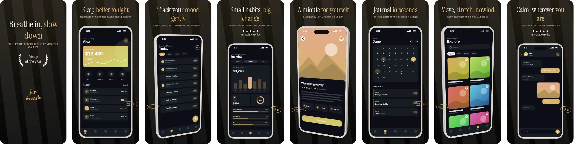 Gilded: 8-slide App Store and Google Play screenshot template, dark, set in Instrument Serif