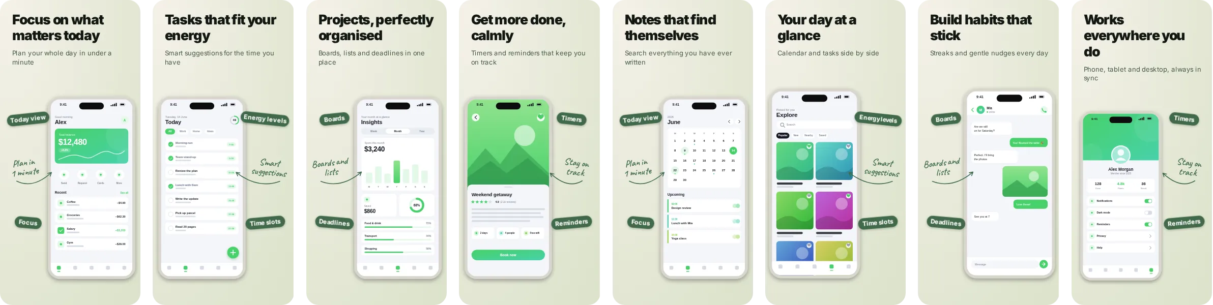 Grove: 8-slide App Store and Google Play screenshot template, light, set in Inter