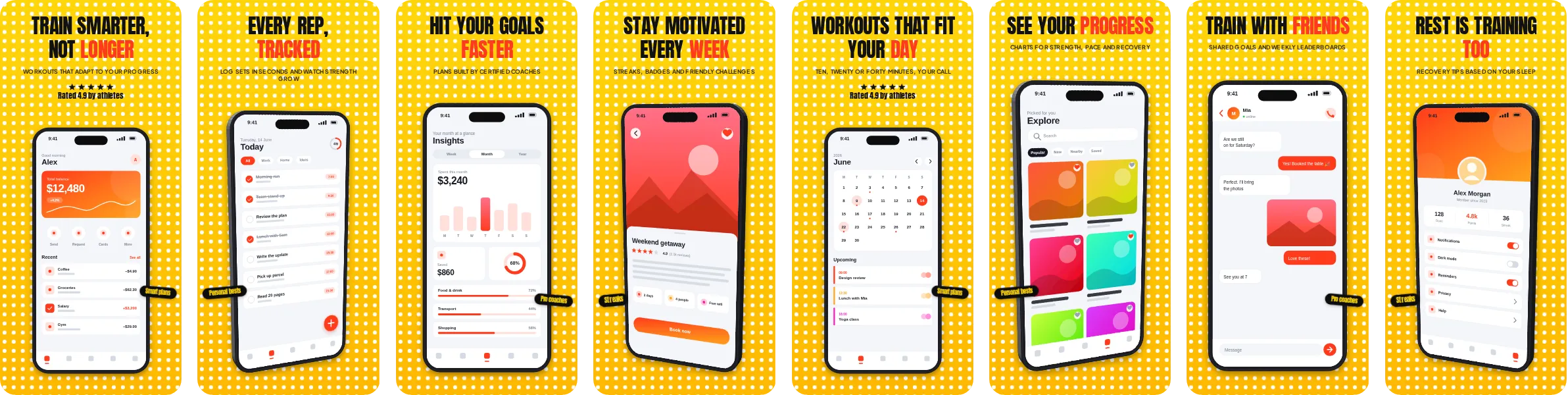 Headline: 8-slide App Store and Google Play screenshot template, light, set in Anton