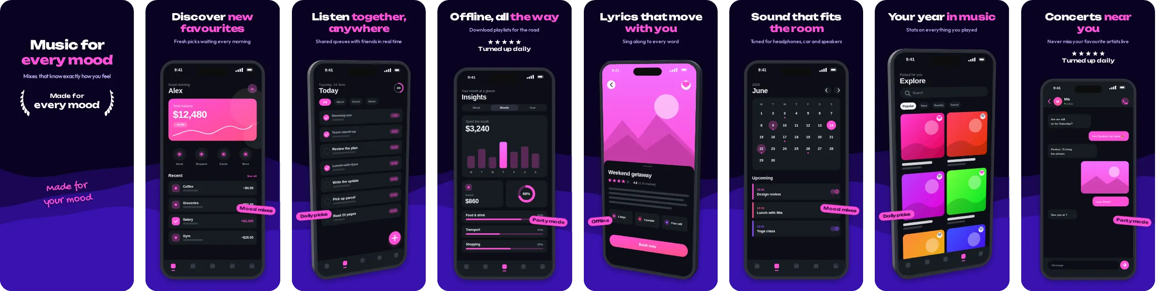 Hyper: 8-slide App Store and Google Play screenshot template, dark, set in Unbounded