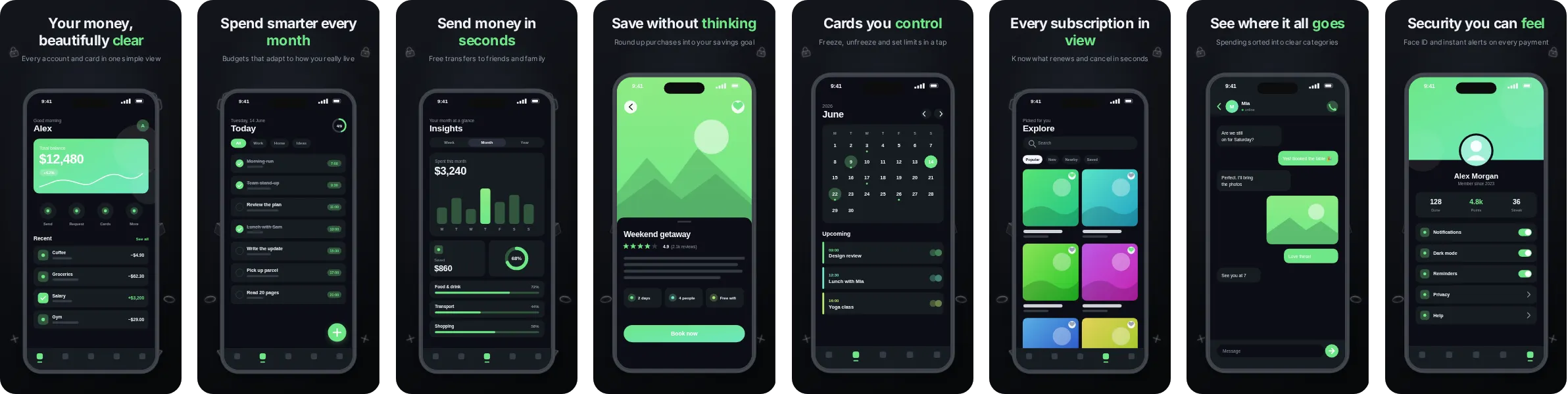 Ink: 8-slide App Store and Google Play screenshot template, dark, set in Inter