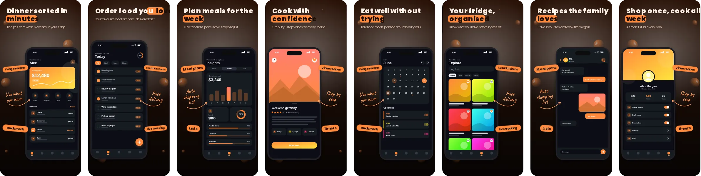 Kindle: 8-slide App Store and Google Play screenshot template, dark, set in Poppins