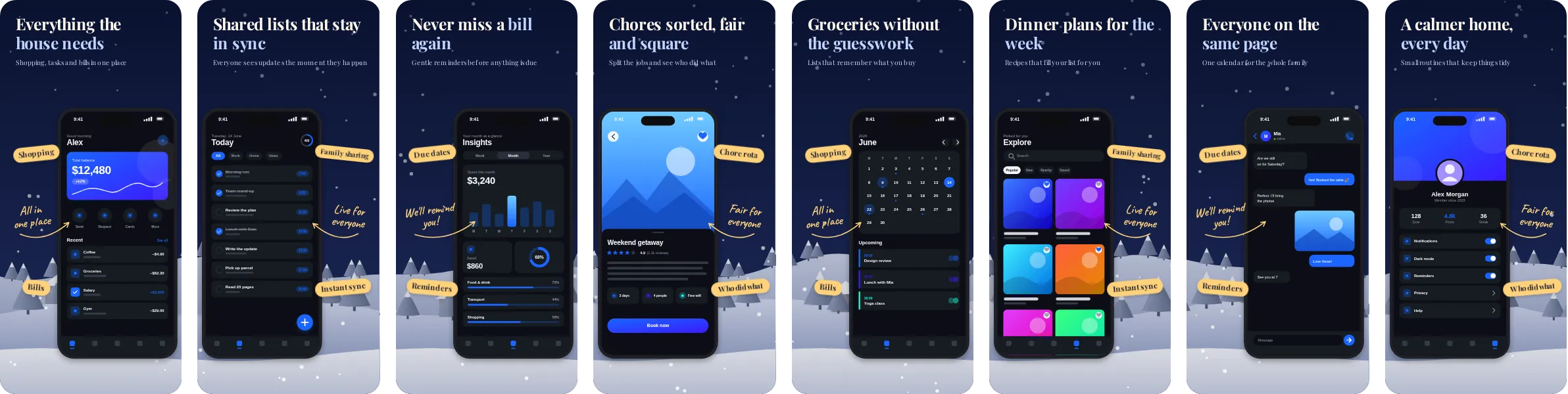 Lantern: 8-slide App Store and Google Play screenshot template, dark, set in Playfair Display