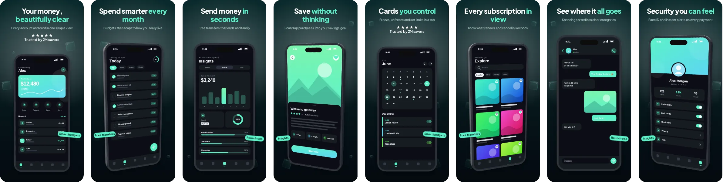Ledger: 8-slide App Store and Google Play screenshot template, dark, set in Plus Jakarta Sans