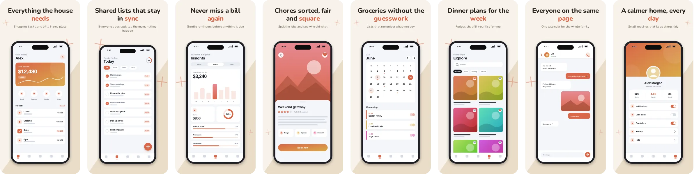 Linen: 8-slide App Store and Google Play screenshot template, light, set in Nunito