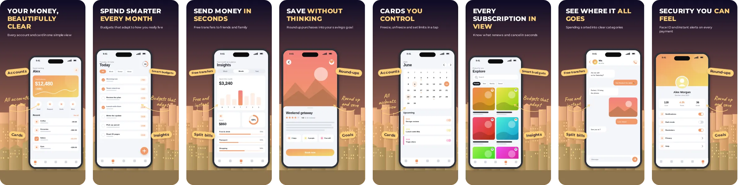 Metro: 8-slide App Store and Google Play screenshot template, bold, set in Montserrat