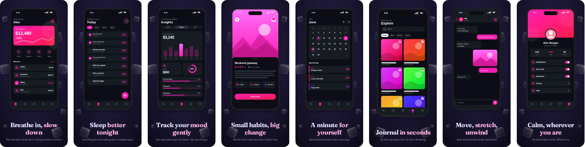 Midnight: 8-slide App Store and Google Play screenshot template, dark, set in Fraunces