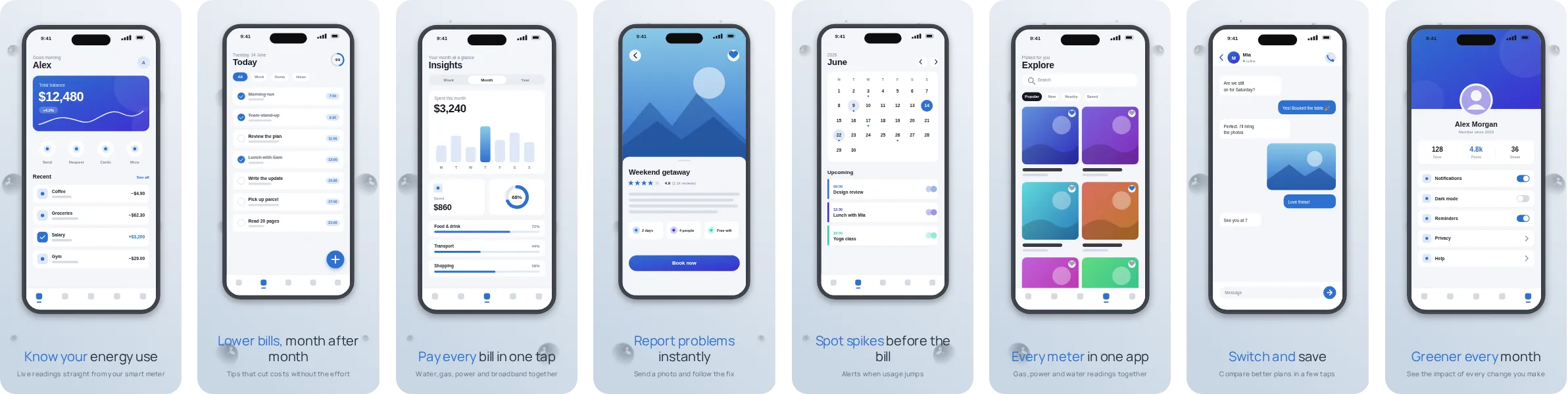 Mist: 8-slide App Store and Google Play screenshot template, light, set in Manrope