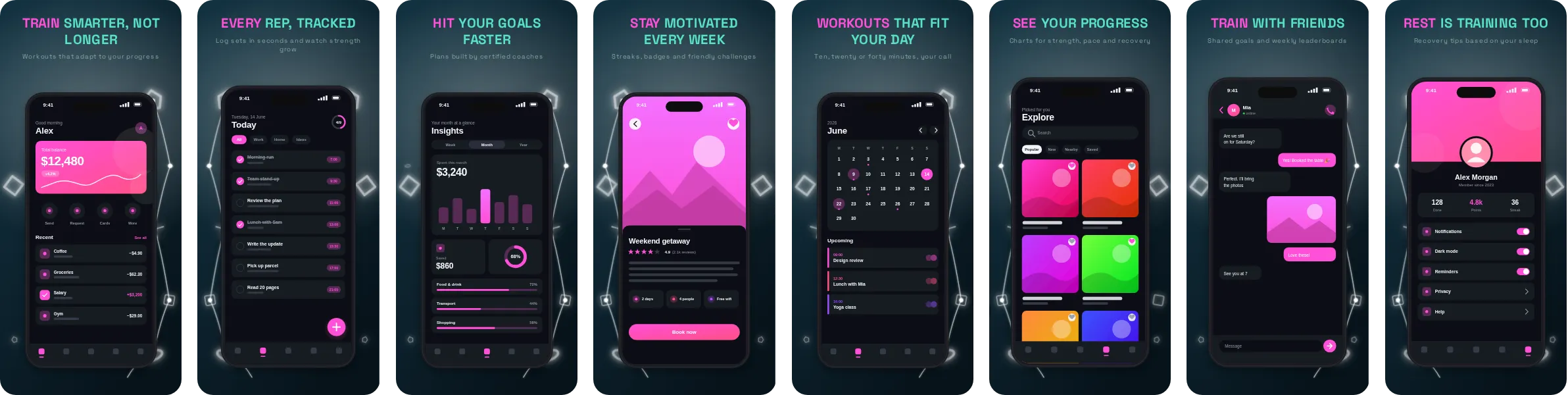 Neon: 8-slide App Store and Google Play screenshot template, dark, set in Space Grotesk