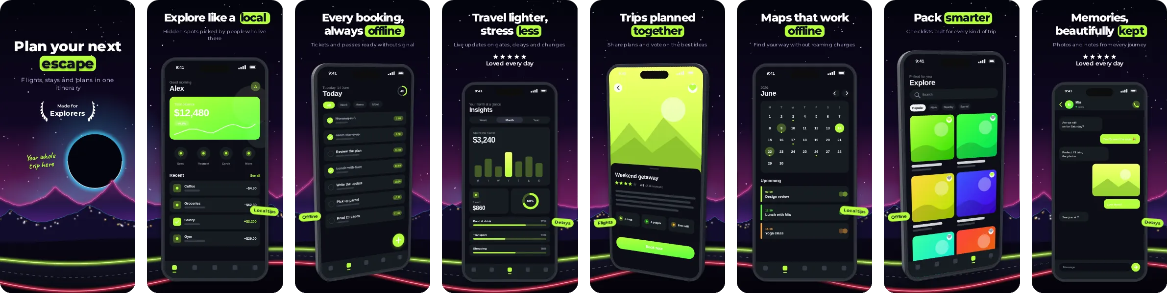 Neon Drive: 8-slide App Store and Google Play screenshot template, dark, set in Montserrat