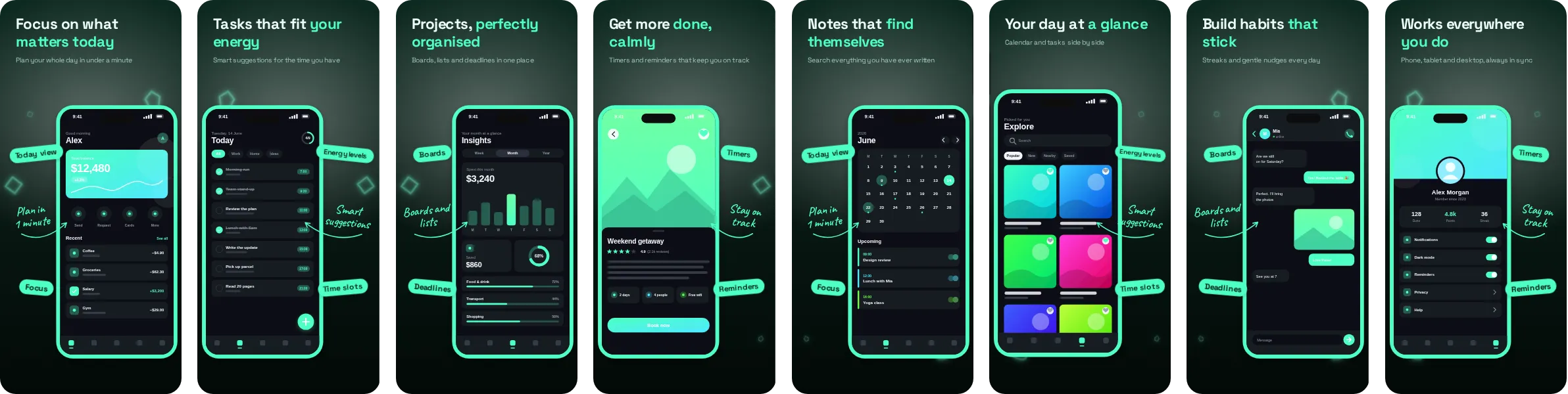 Neon Mint: 8-slide App Store and Google Play screenshot template, dark, set in Space Grotesk