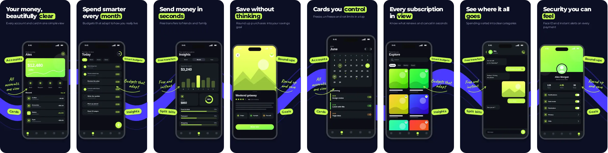 Nightflow: 8-slide App Store and Google Play screenshot template, dark, set in Montserrat