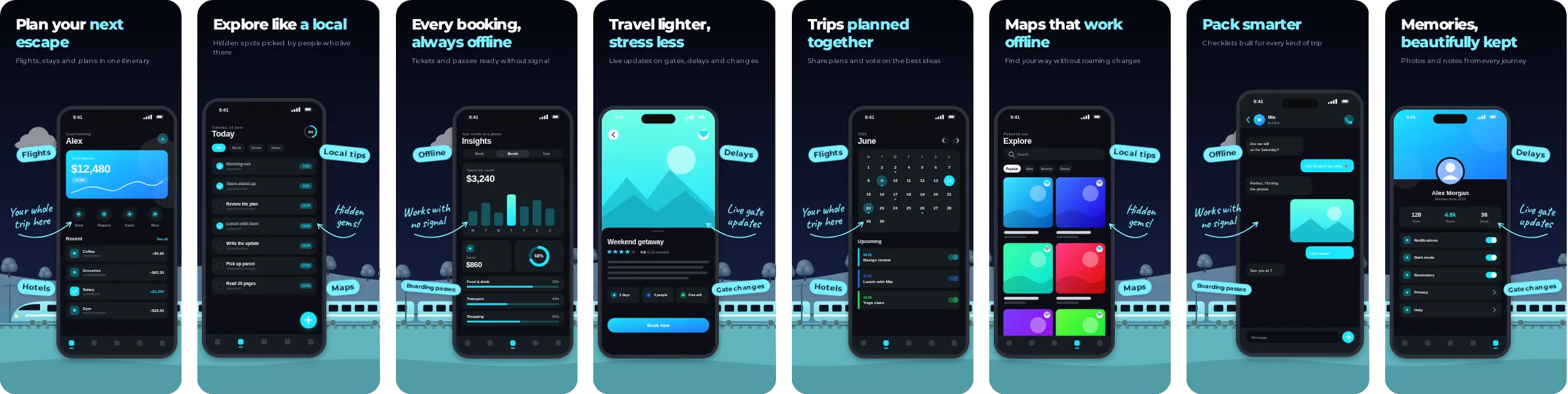 Nightline: 8-slide App Store and Google Play screenshot template, dark, set in Montserrat