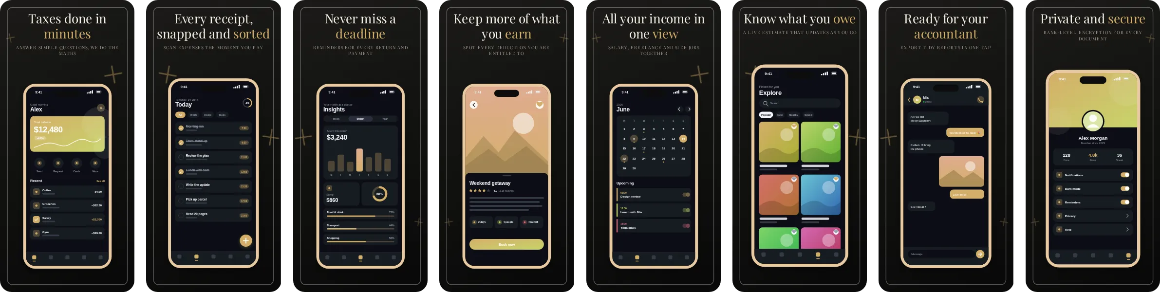 Noir: 8-slide App Store and Google Play screenshot template, dark, set in Playfair Display