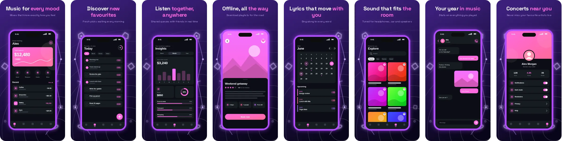 Nova: 8-slide App Store and Google Play screenshot template, dark, set in Space Grotesk