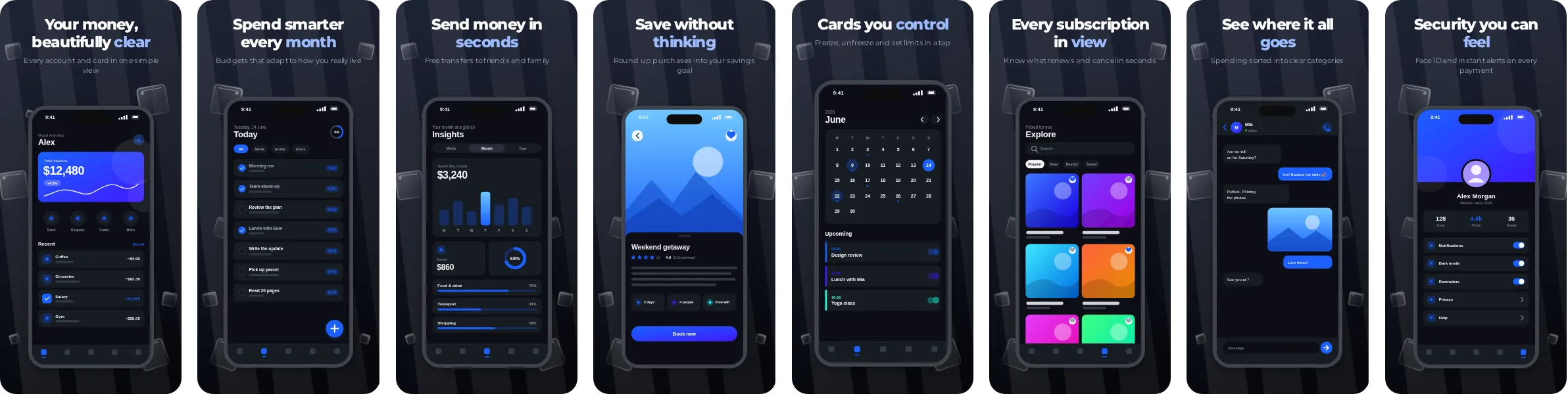 Obsidian: 8-slide App Store and Google Play screenshot template, dark, set in Montserrat