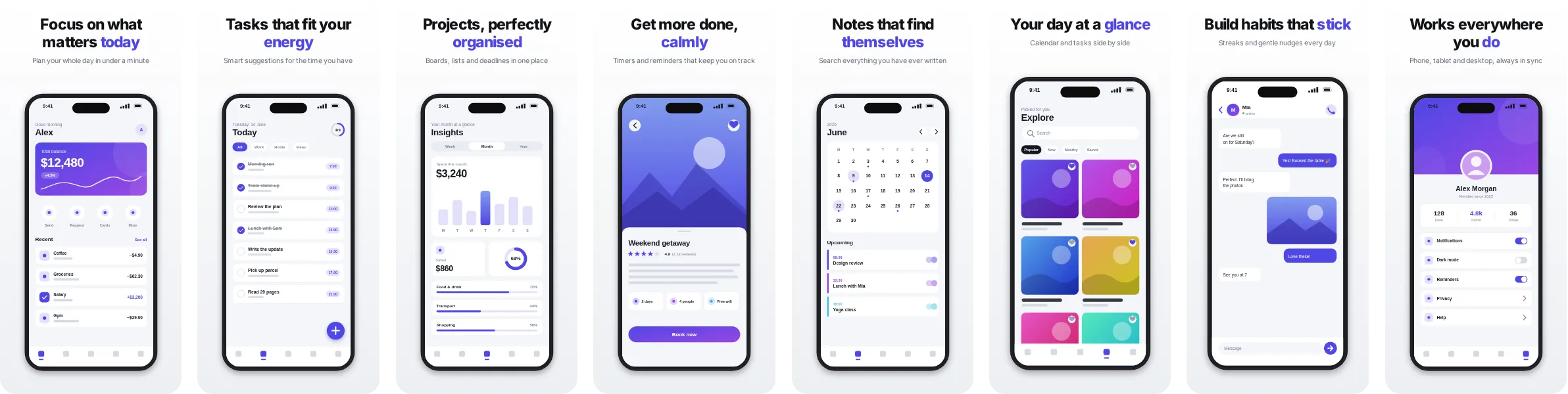 Paper: 8-slide App Store and Google Play screenshot template, light, set in Inter
