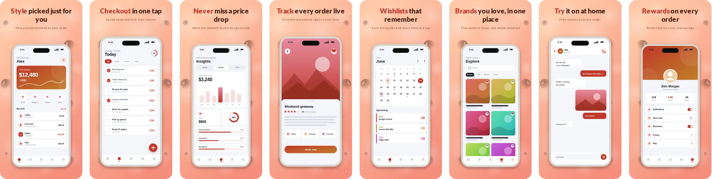 Peach: 8-slide App Store and Google Play screenshot template, light, set in Lato