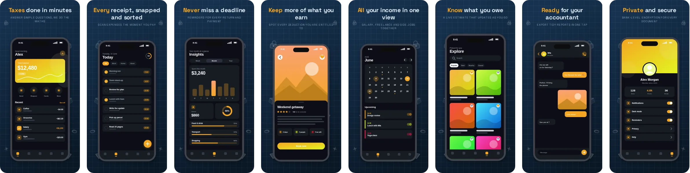 Plot: 8-slide App Store and Google Play screenshot template, dark, set in Space Grotesk