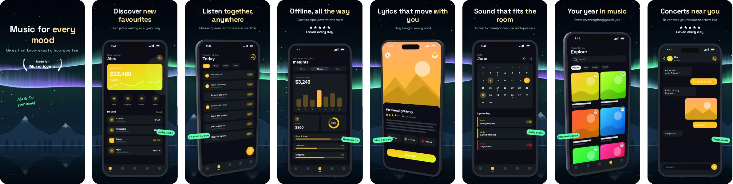Polar: 8-slide App Store and Google Play screenshot template, dark, set in Space Grotesk