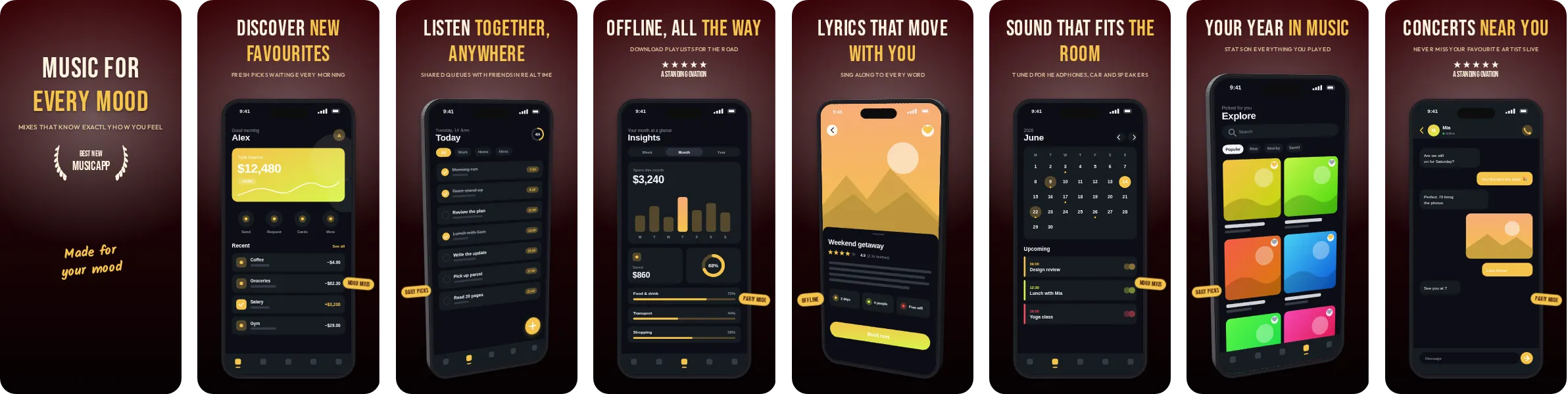 Premiere: 8-slide App Store and Google Play screenshot template, dark, set in Bebas Neue