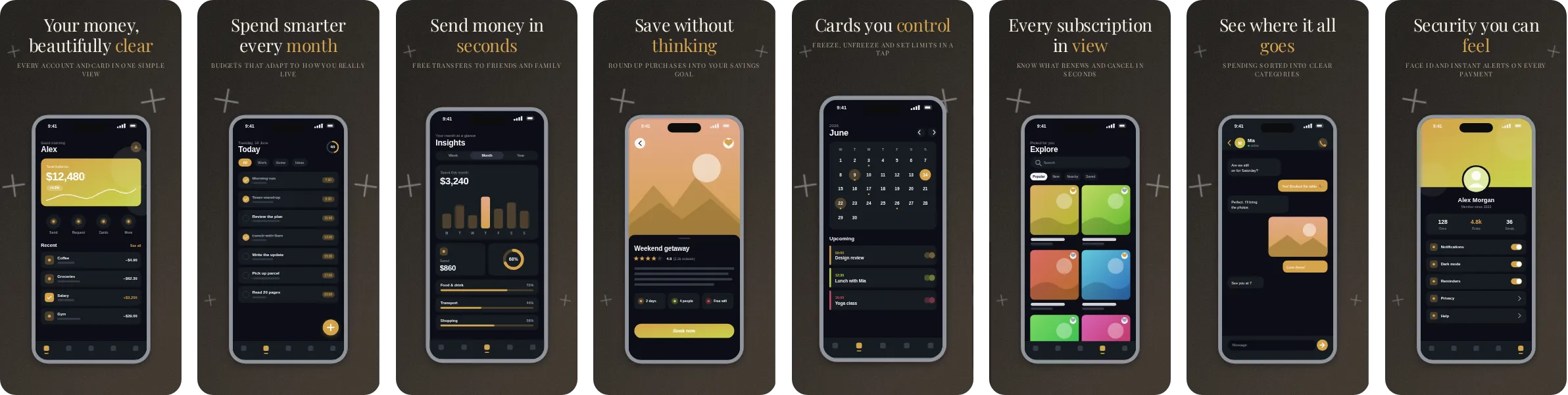 Press: 8-slide App Store and Google Play screenshot template, dark, set in Playfair Display