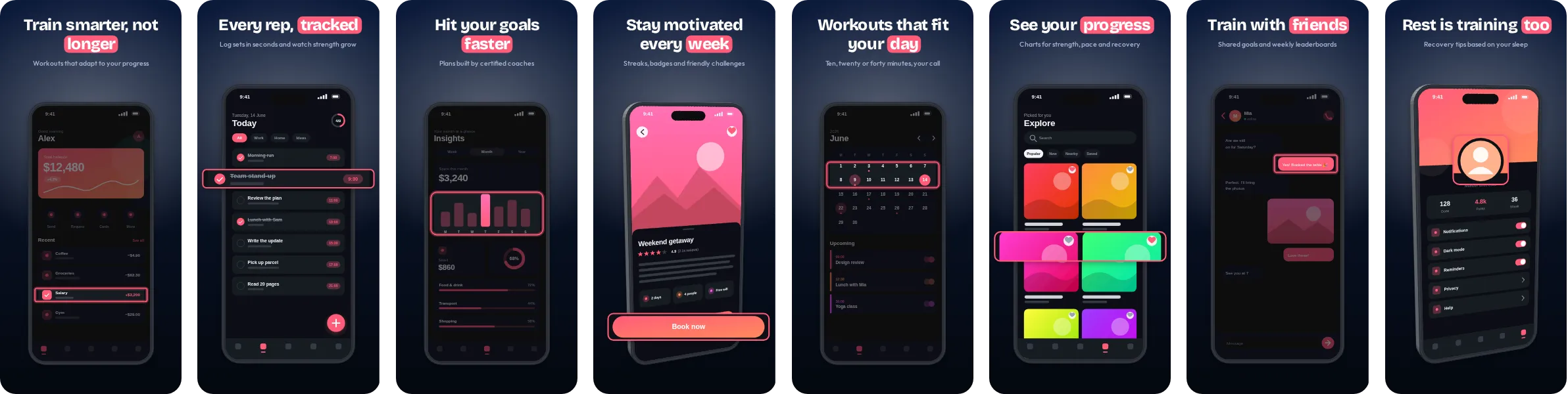 Pulse: 8-slide App Store and Google Play screenshot template, dark, set in Bricolage Grotesque