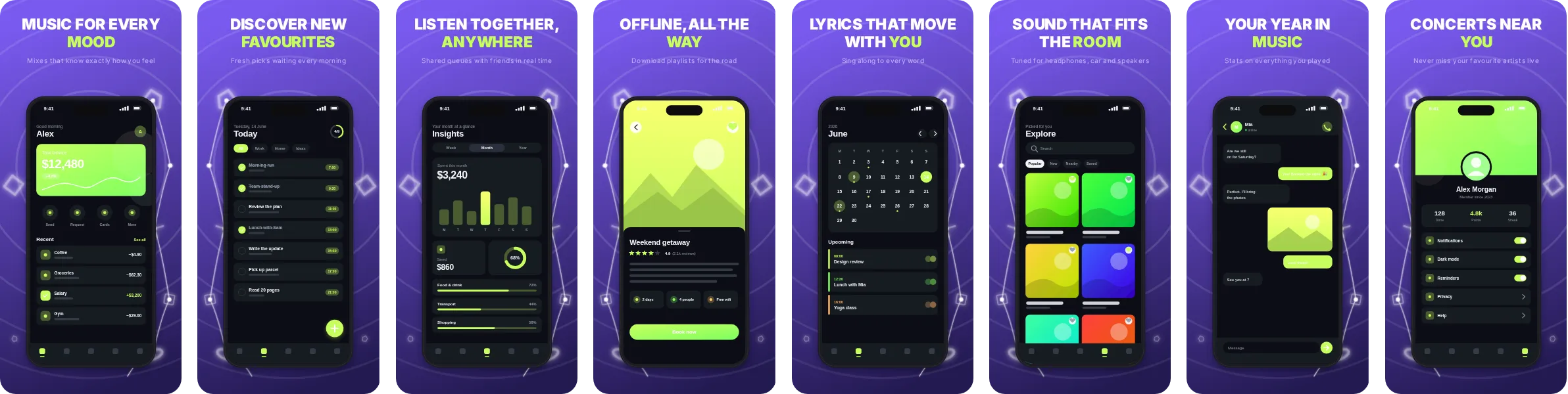 Ripple: 8-slide App Store and Google Play screenshot template, bold, set in Inter