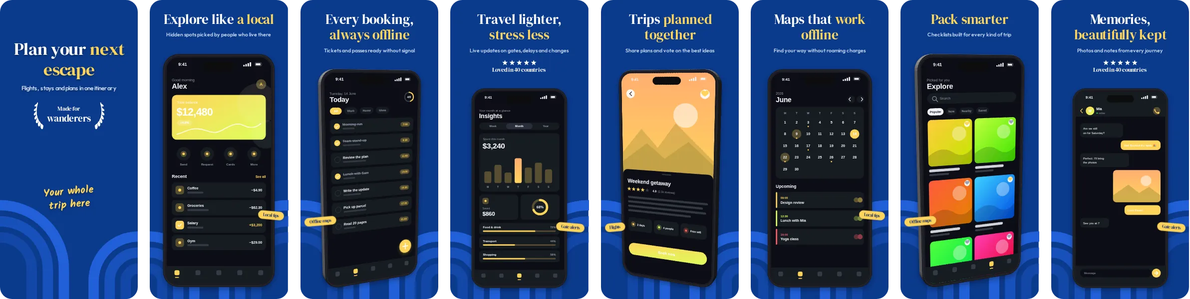 Riviera: 8-slide App Store and Google Play screenshot template, dark, set in DM Serif Display